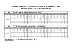 Расписание маршрута № 14 (08-09.08.2026 День города)