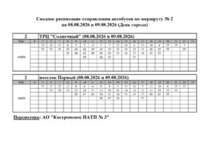 Расписание маршрута № 2 (08-09.08.2026 День города)